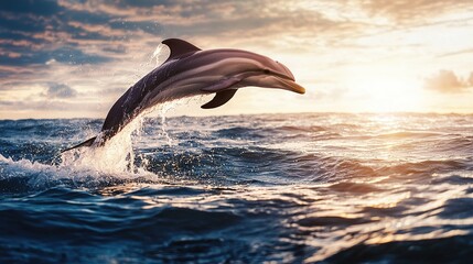 Fototapeta premium A dolphin leaping from the sea as the sun shines behind and wisps of cloud drift above