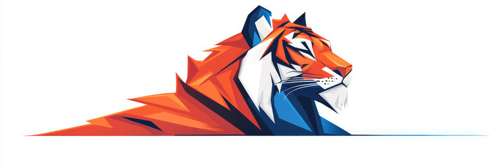 A stylized tiger portrait in orange, blue, and white.