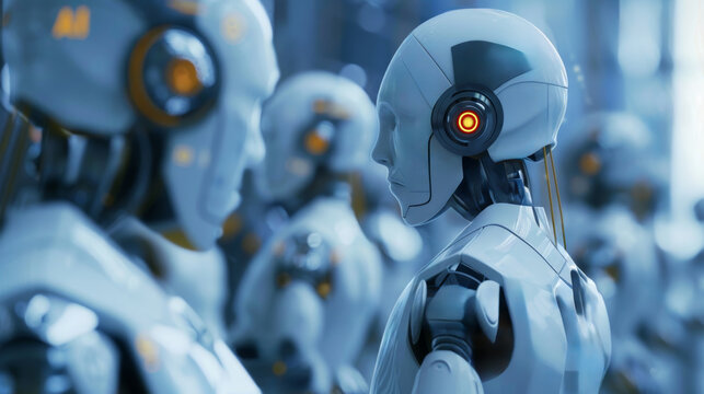 Humanoide Roboter in einer futuristischen Produktionslinie.