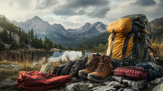 A scenic mountain landscape with a serene alpine lake surrounded by lush forests, featuring hiking gear including backpacks and boots on a rocky shore.