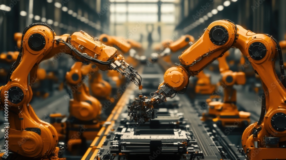 Poster a series of robots work together on a busy production line, assembling components with precision in 