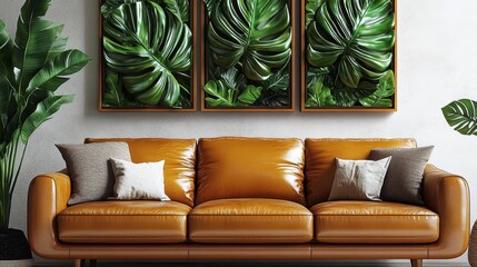 The image showcases a sophisticated brown leather sofa complemented by three vibrant green leaf-themed paintings, creating a refreshing and modern ambiance.