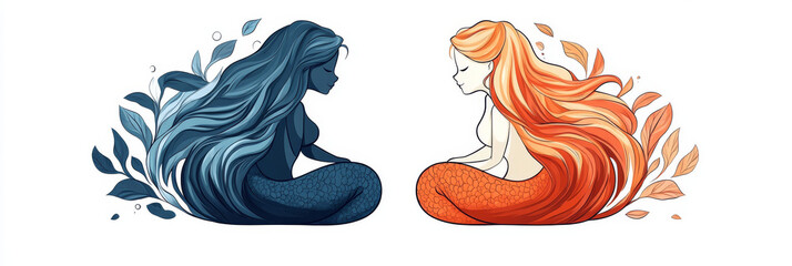 Obraz premium Two mermaids, one with blue hair and the other with orange hair, sit facing each other.