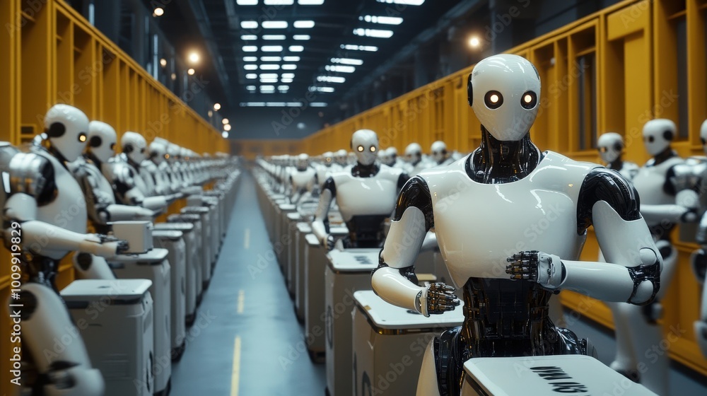 Poster robots diligently perform tasks on a production line within a cutting-edge manufacturing facility, s