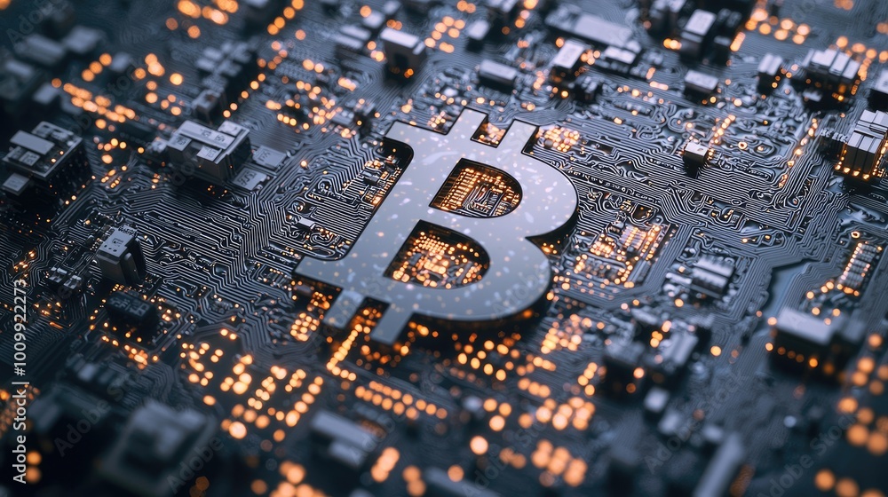 Poster bitcoin symbol embedded in a circuit board with illuminated traces