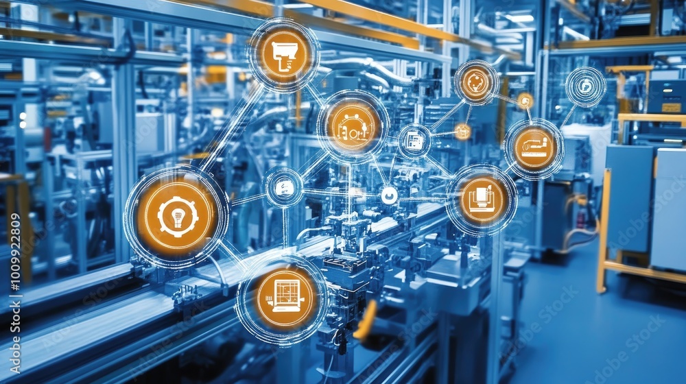 Poster smart factory automation with connected icons and network
