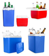 Different cool boxes isolated on white, set