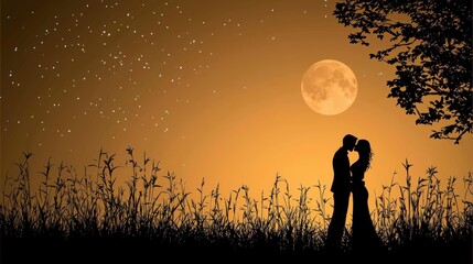 Beautiful Silhouette of a Couple Under the Moonlight