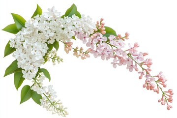 Delicate floral corner arrangement. Blooming white lilac, pink acacia, Lilac flowers and green leaves isolated on a white. Design element for creating postcards, with generative ai