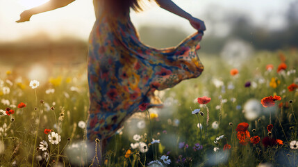 A woman twirls joyfully in a vibrant dress surrounded by a variety of colorful wildflowers, basking in the warm sunlight of a summer afternoon - Generative AI