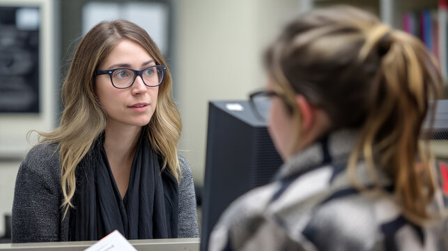 A woman listens attentively while assisting a client at a service counter, creating an atmosphere of professionalism and support in a busy office environment - Generative AI