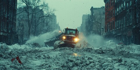 Snowy Urban Landscape with Plow at Work