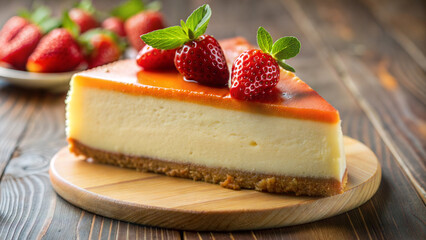 A piece of delicious cheesecake with fresh strawberries