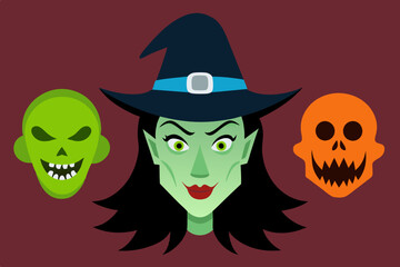 Witches mask. Halloween scary witch faces, carnival head disguise evil masks for scary helloween masquerade costume, scary makeup woman face in hat, ingenious vector illustration of monster face