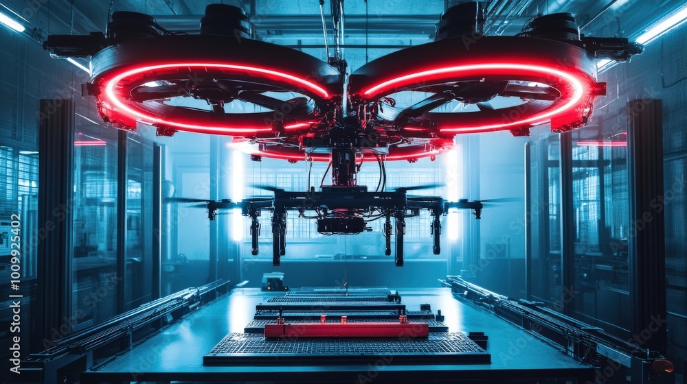 Aufkleber in a futuristic factory, ai-driven robots are actively assembling parts on a high-tech production li