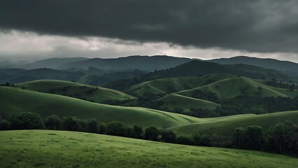 Fototapeta premium landscape background featuring a series of rolling hills and mountains under a cloudy foggy dark theme sky 
