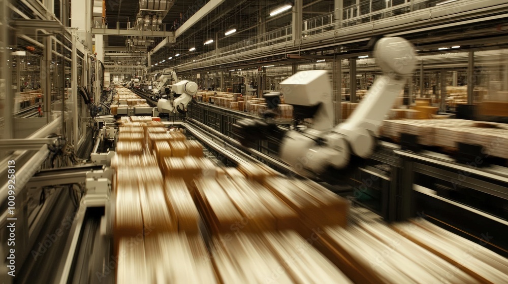 Poster a sophisticated robotic system is rapidly packaging various products in a highly automated warehouse