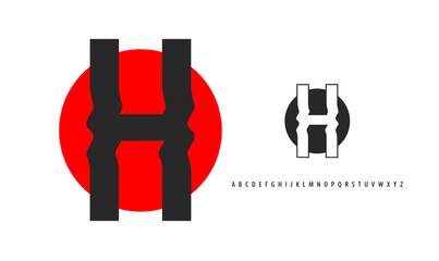 Letter H silhouette on red sun, twisting alphabet. Japanese logo for sushi roll restaurant logo, asian cultural event logotype. Vector logo and typeset