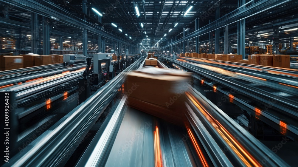 Poster a robotic system swiftly packages goods as they move along conveyor belts in a large warehouse, show