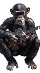 Naklejka premium Chimpanzee Monkey Playing Guitar on White Background, Photo Realistic, Wallpaper, Cover and Screen for Smartphone, PC, Laptop, 9:16 and 16:9 Format