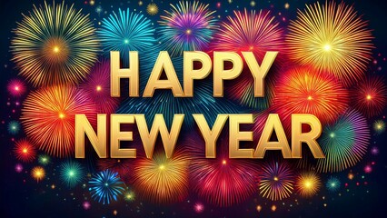 Happy new year text on colorful fireworks background. holiday season card template