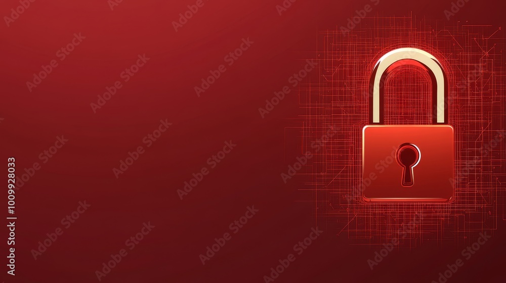 Poster red digital lock on technology background cybersecurity and privacy concept with abstract lines