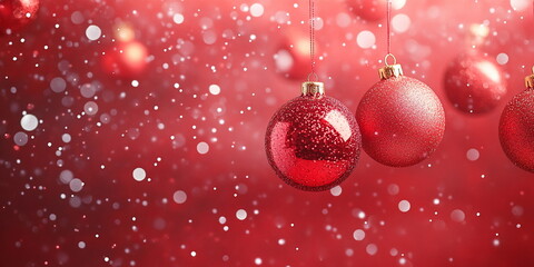 red ridescent christmas balls on red background with bokeh 