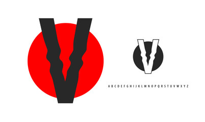 Letter V silhouette on red sun, twisting alphabet. Japanese logo for sushi roll restaurant logo, asian cultural event logotype. Vector logo and typeset