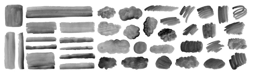 Black, grey Ink blots, brush strokes, spots. Watercolor abstract background, form, design element. Colorful hand painted texture, wash. 