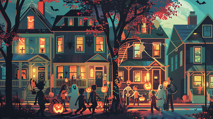 A digital illustration of a group of children in Halloween costumes trick-or-treating in a colorful suburban neighborhood