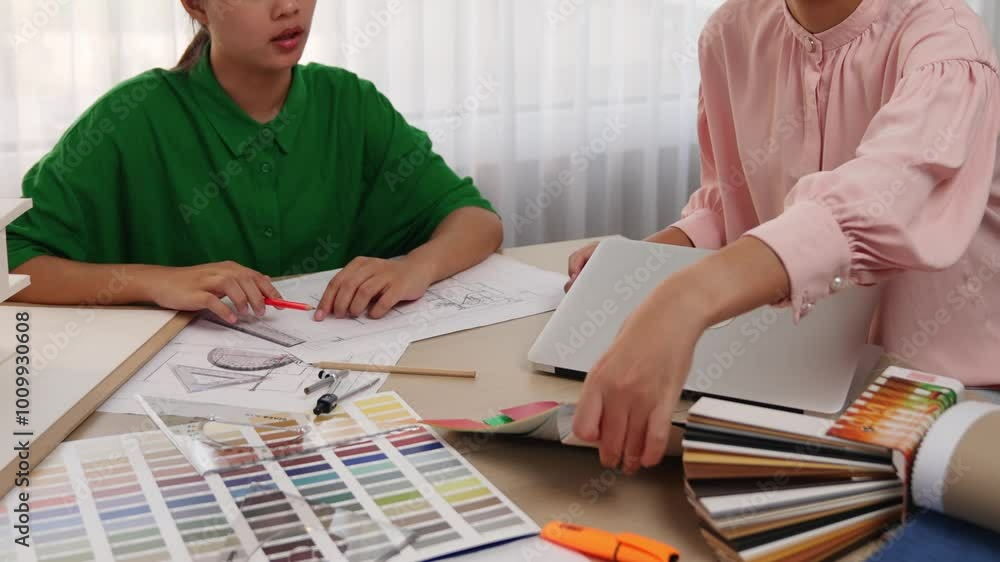 Poster slow motion interior designer using architectural equipment draw a blueprint while interior designer