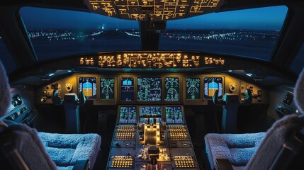 Airplane Cockpit at Night with Illuminated Controls and Runway Lights in the Distance