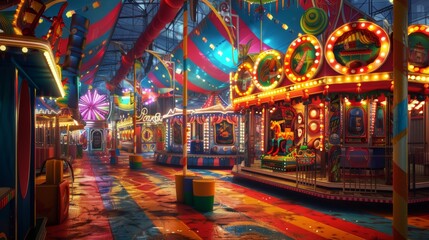 Colorful Illuminated Carnival Rides and Ferris Wheel at Nighttime Amusement Park