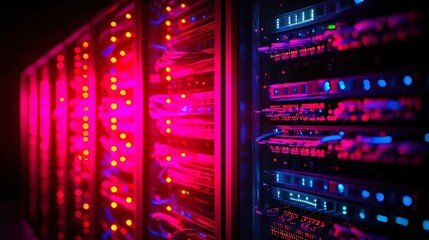 A server room filled with racks of servers and tangled cables, showcasing a busy environment of data processing and storage