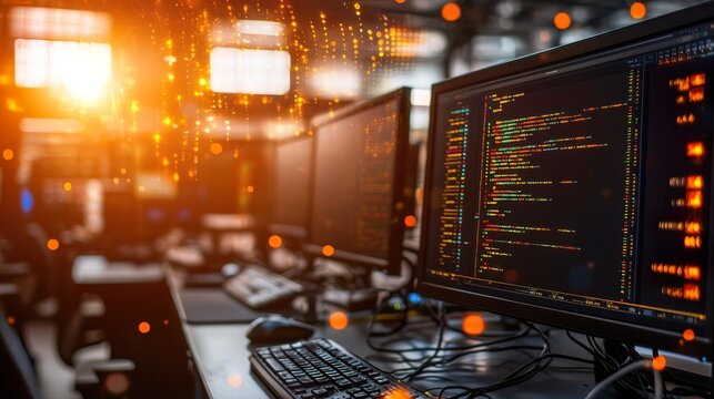 A high-tech environment featuring a technical control system with multiple monitors and control panels