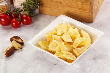 Crushed parmesan cheese in the bowl