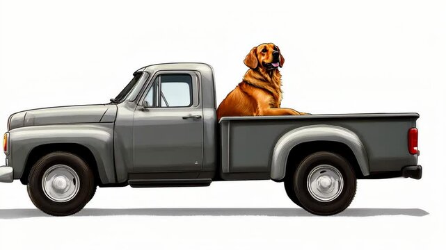 A golden retriever sits in the back of a gray pickup truck