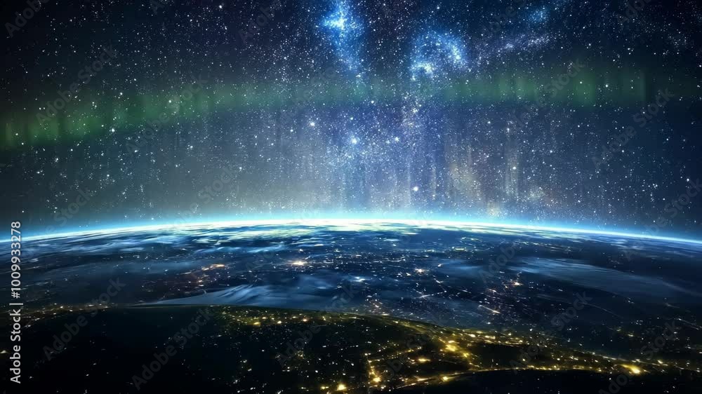 Wall mural a view of earth from space, showing city lights and a starry sky with a green aurora