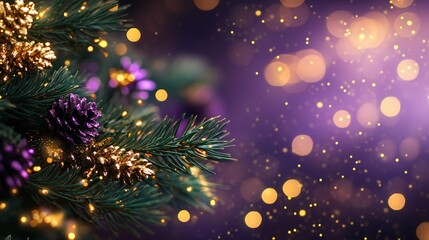 A Christmas tree with purple and gold ornaments and pine cones