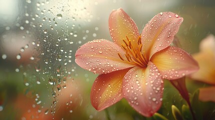 Fototapeta premium A pink flower rests atop a window, surrounded by a drizzly ledge