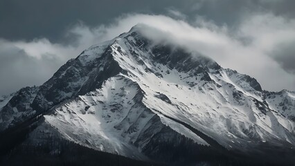 Abstract illustration background of a landscape scene showcase snowy jagged ridges mountains under a foggy dark them sky	