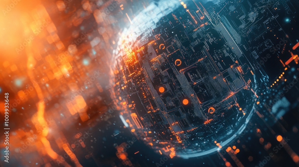 Poster abstract sphere with circuitry pattern and orange glows