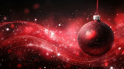 A red Christmas ornament hangs from a string