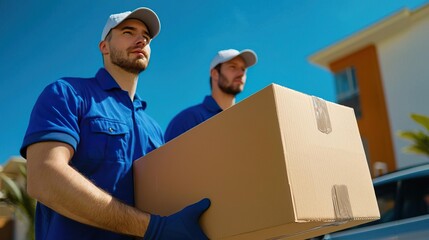Close-up of two delivery men carrying a cardboard box, showcasing teamwork and efficiency.
