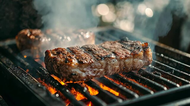 A juicy steak is being grilled over hot coals, releasing savory smoke into the air