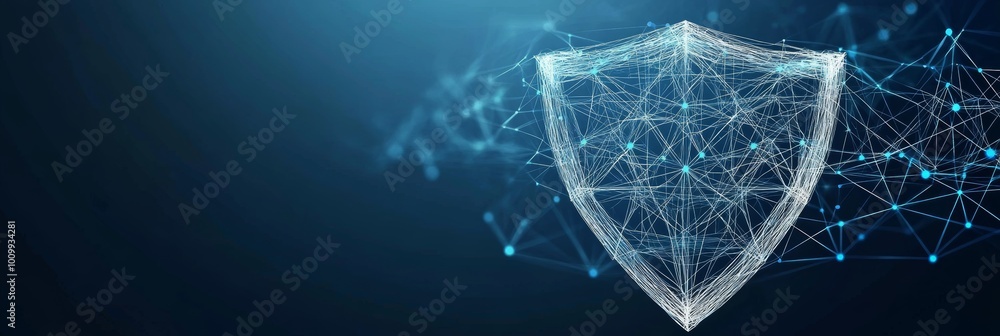 Poster abstract shield with connecting lines and dots, cybersecurity and data protection concept