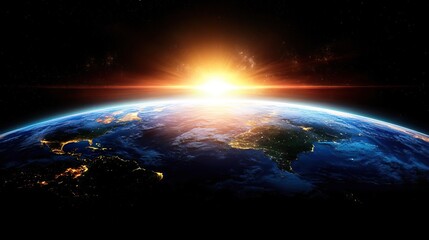Fototapeta premium Sunrise over Earth in outer space, capturing the beauty of dawn from a celestial viewpoint.