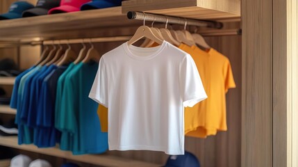 Obraz premium A plain white t-shirt hanging at a clothing store, with a mockup template design in a flat lay composition, photographed with high resolution, high details, high sharpness, and hig
