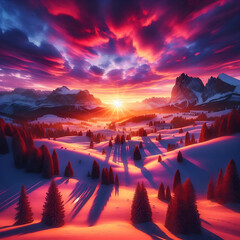 The Epitome of a Christmas Landscape with Stunning Dawn Light, Fluffy Clouds, and Vibrant Reflections