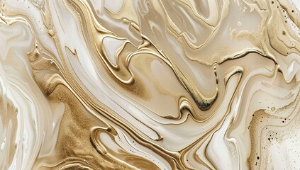 A close-up of an abstract painting with swirling patterns in shades of beige...
